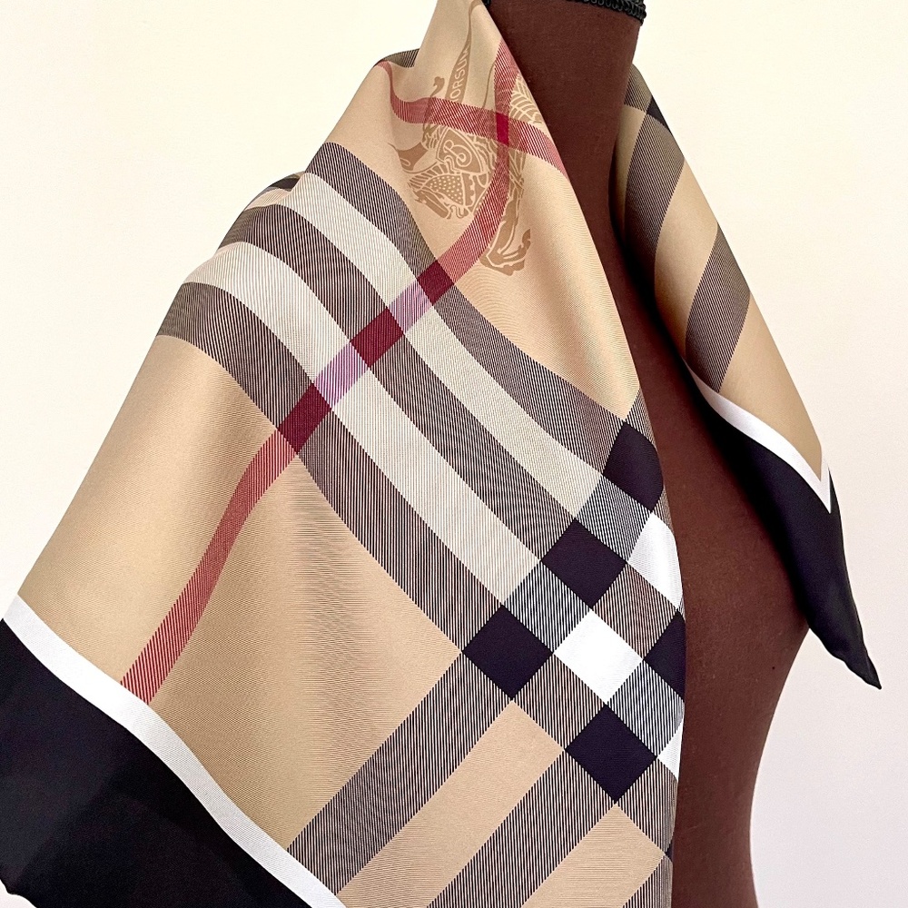 Display New Burberry Scarf Classic Check Black Border Silk Wrap with DEFECT
